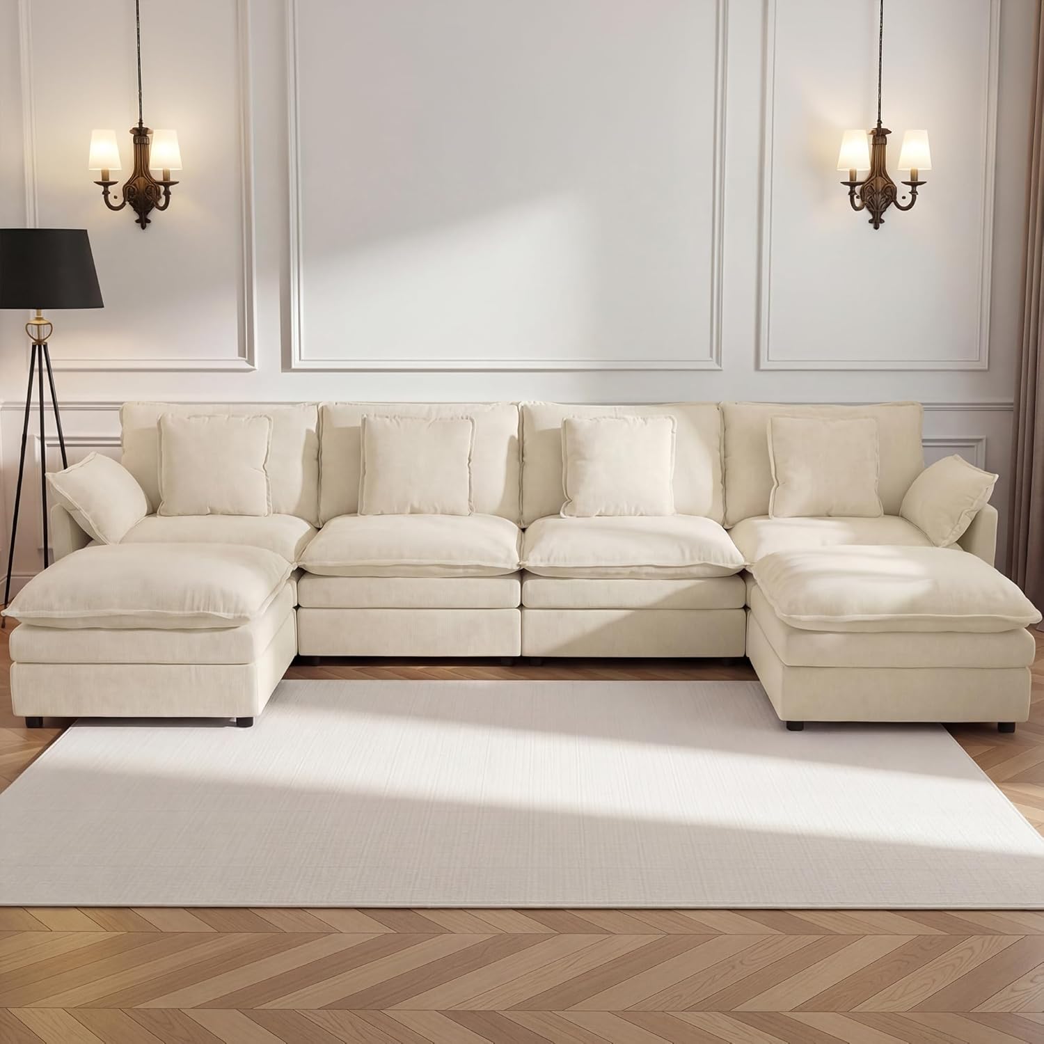 148" U-Shaped Modular Sectional Couch, Modern Cloud Couch with Ottoman, 6-Seat Chenille Sofa with Pillows, Deep Seat Comfy Couch for Living Room, Bedroom, Beige