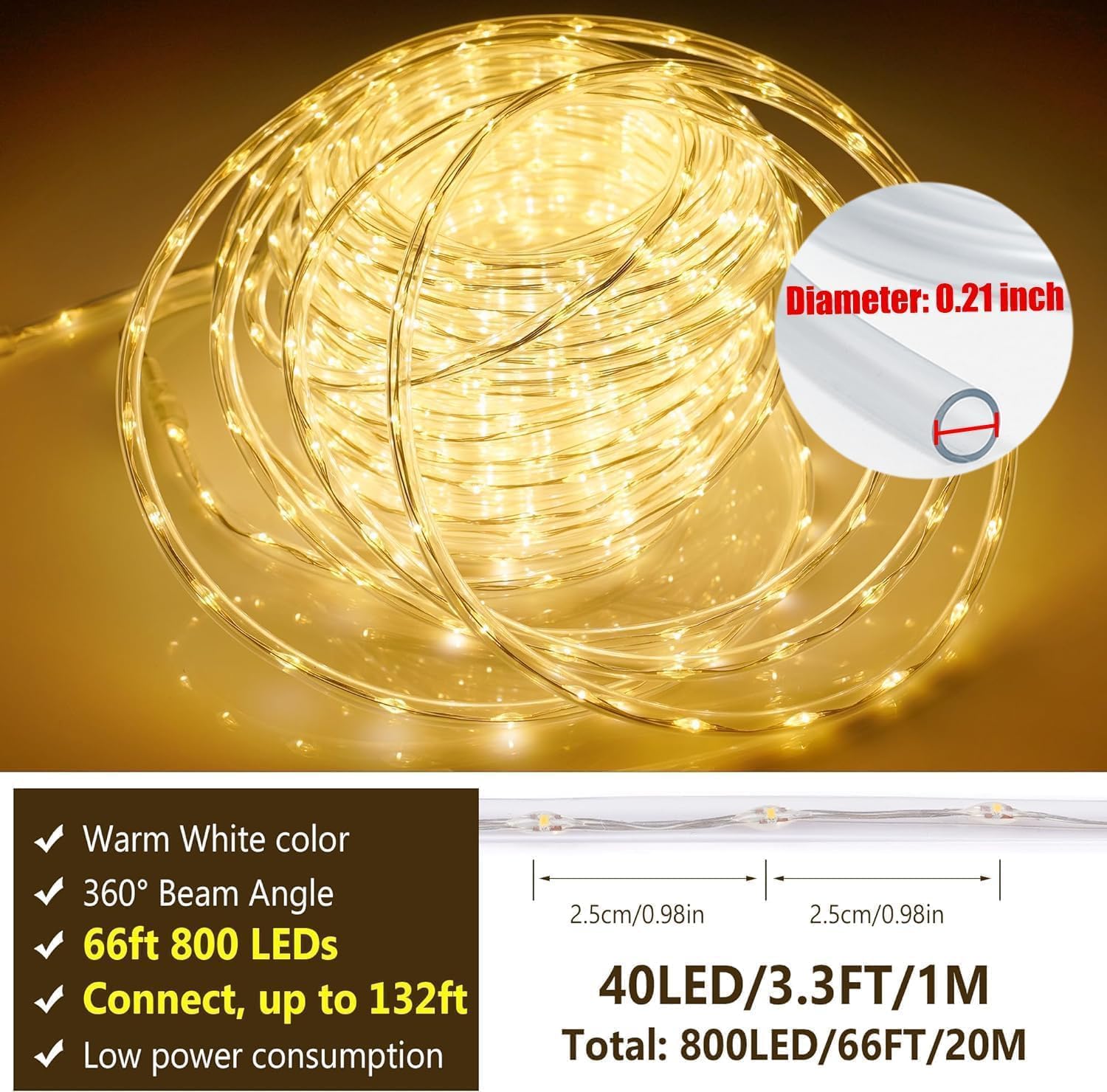 OMIKA Connectable 66FT 800 LED Thin Rope Lights Outdoor, Warm White Fairy Lights Plug in, Outdoor String Light Waterproof Decorative Lighting for Deck Patio Yard Garden Pathway Camping Indoor Decor
