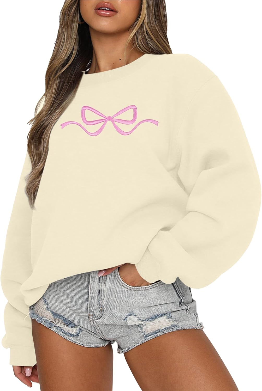 FASHGL Pink Bow Sweatshirt Womens - Sequins Coquette Sweater Casual Round Neck Pullover Sweatshirts Long Sleeve Tops