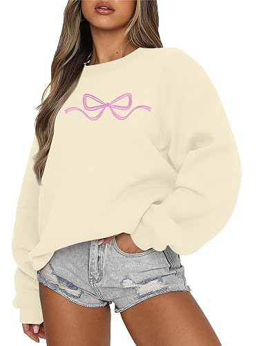 FASHGL Pink Bow Sweatshirt Womens - Sequins Coquette Sweater Casual Round Neck Pullover Sweatshirts Long Sleeve Tops - Apricot - XX-Large