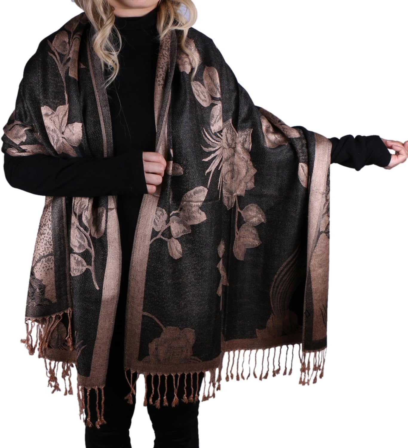 TZ Promise Women Soft Silky Pashmina Reversible Floral Rose Shawl Wrap Scarf w/Fringes