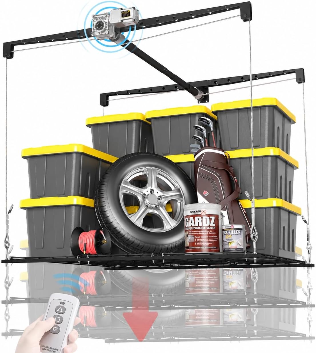 Motorized Overhead Garage Storage Rack with Remote Control, 4x4 FT Garage Ceiling Storage Racks, Heavy-Duty Lift Storage System, Space-Saving Hanging Shelves, 250 Lbs Capacity