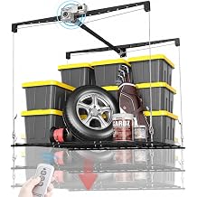 Motorized Overhead Garage Storage Rack with Remote Control, 4x4 FT Garage Ceiling Storage Racks, Heavy-Duty Lift Storage System, Space-Saving Hanging Shelves, 250 Lbs Capacity
