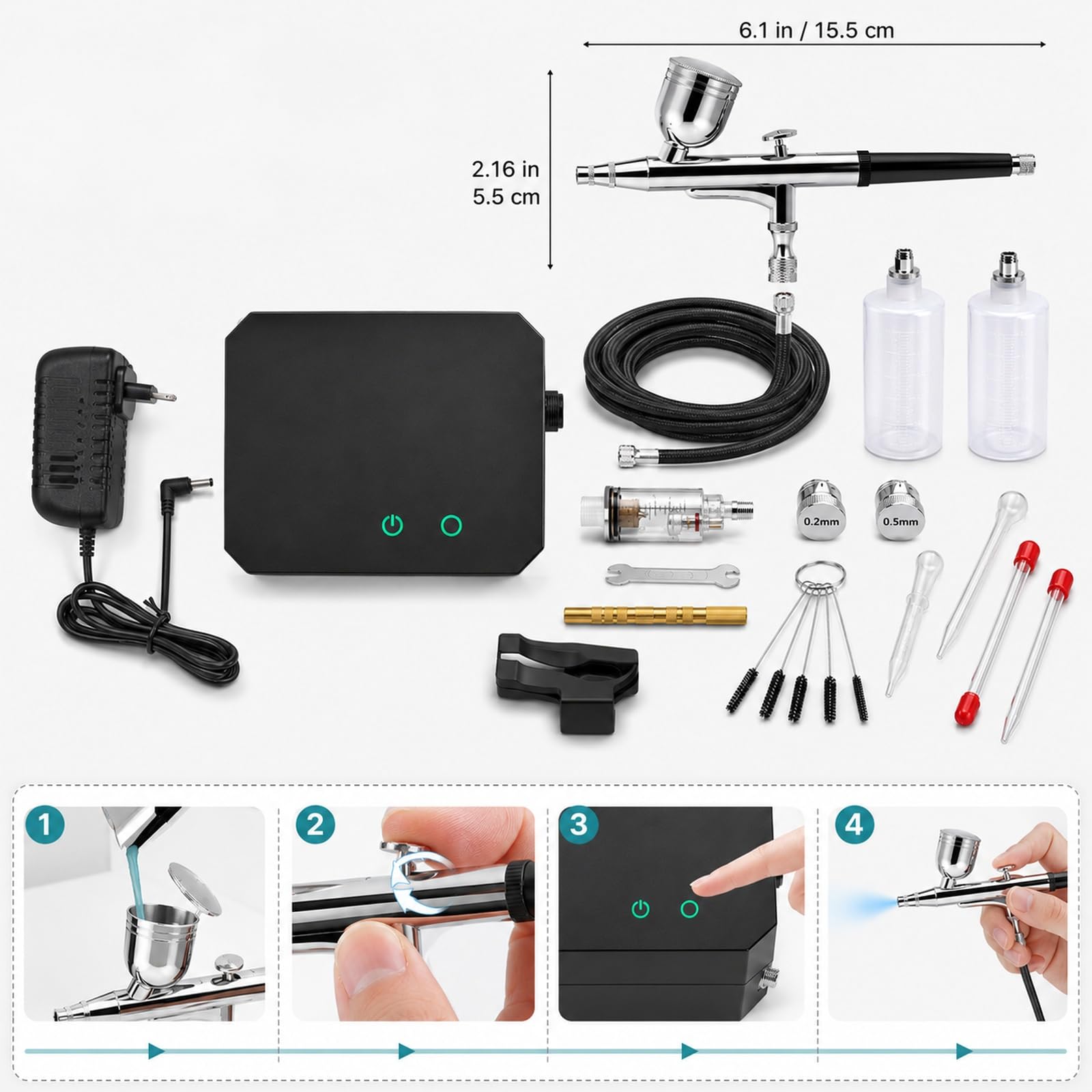 Airbrush Set 40 PSI Kompressor 0,2/0,3/0,5 mm Düsen Modellbau Torten