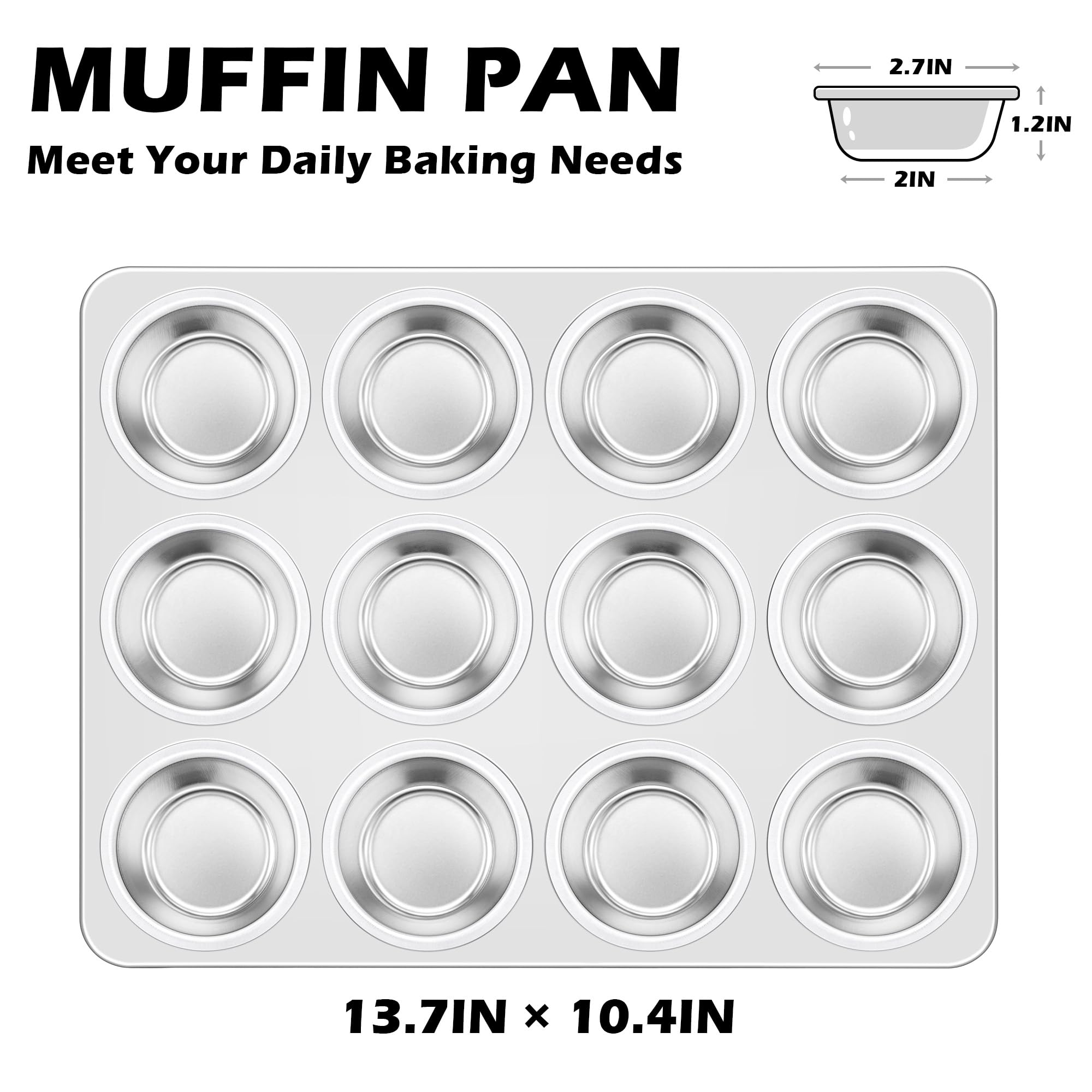 Leonyo Molde para magdalenas de acero inoxidable no tóxico, 12 tazas, 2 unidades | Bandeja de metal para magdalenas de tamaño estándar para hornear quiches, apta para lavavajillas y horno