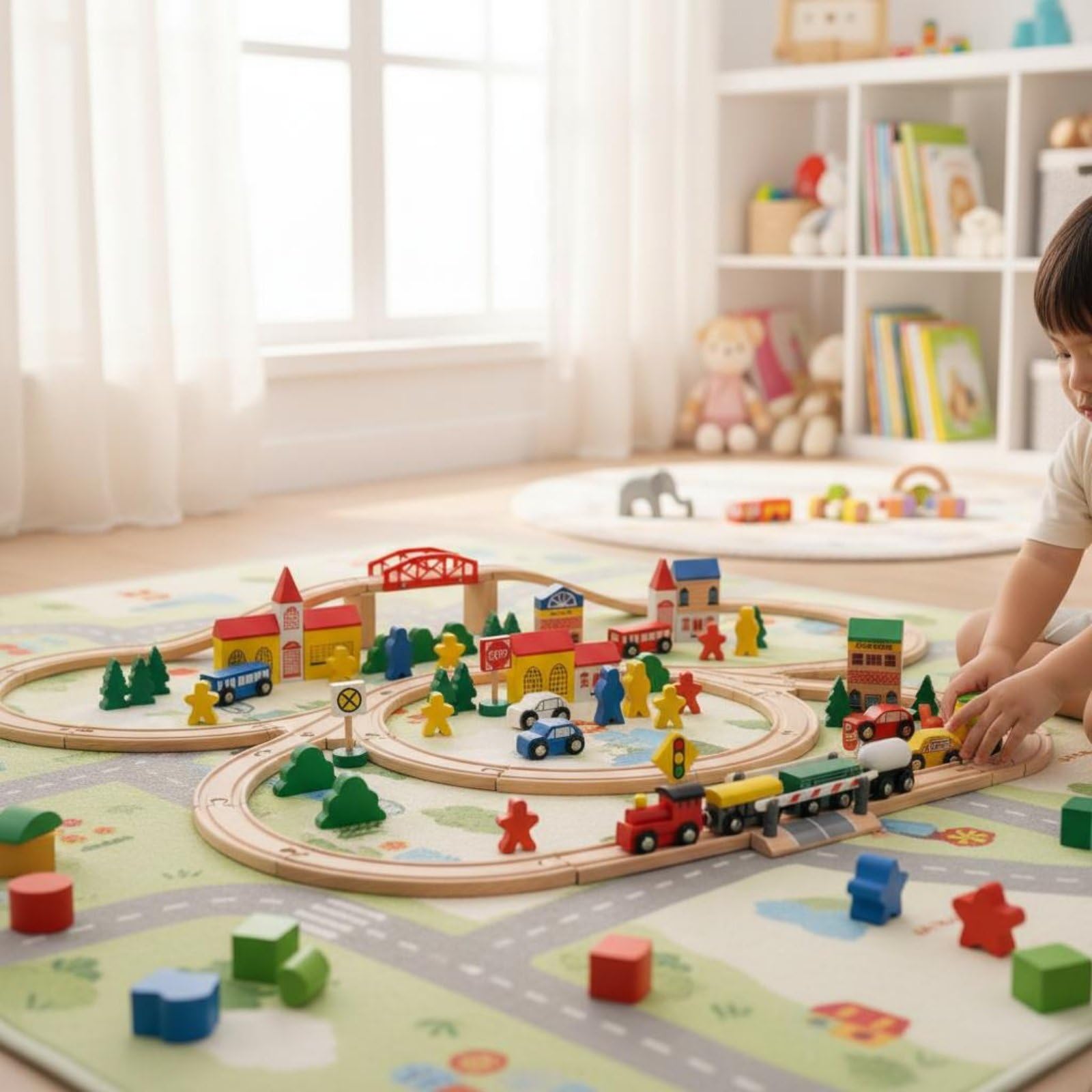 Educational Blocks Binari Ferroviari di Legno con Veicoli Edifici Metropolitani Figure Scenari di Costruzione Realizzato in Legno Favorisce La