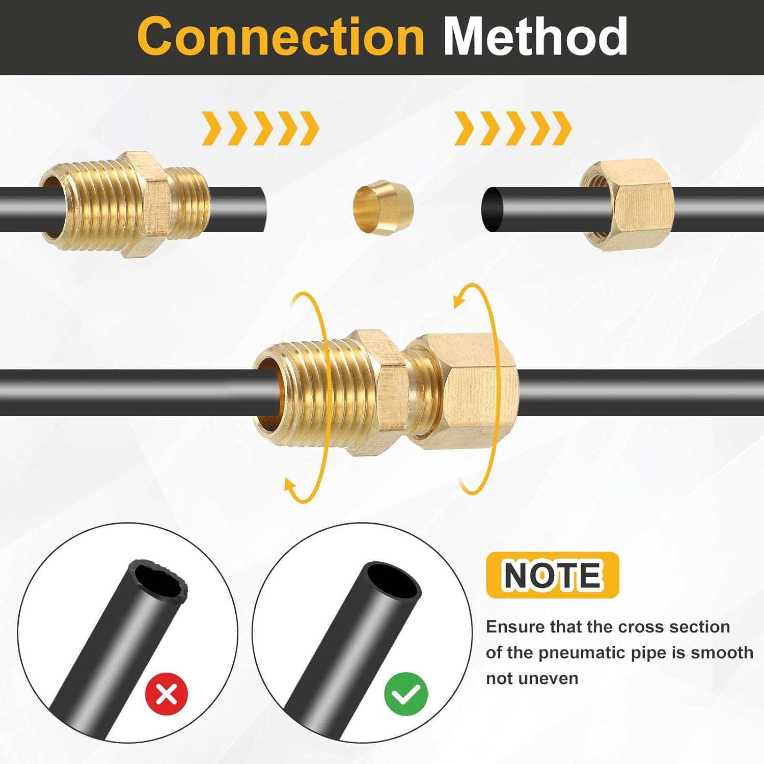 uxcell 10pcs 1/4" NPT Brass Compression Pipe Fittings, Set of 10, 1/4" OD x 1/4" NPT, Brass Compression Union, Straight Coupling Adapter