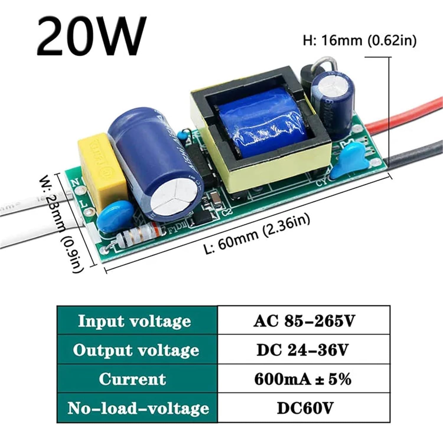 LED Driver 50W 40W 30W 20W 10W DC24-34V Power Supply Constant Current Control Lighting Transformers Board for Diode Lamp Bead(20W 600mA)