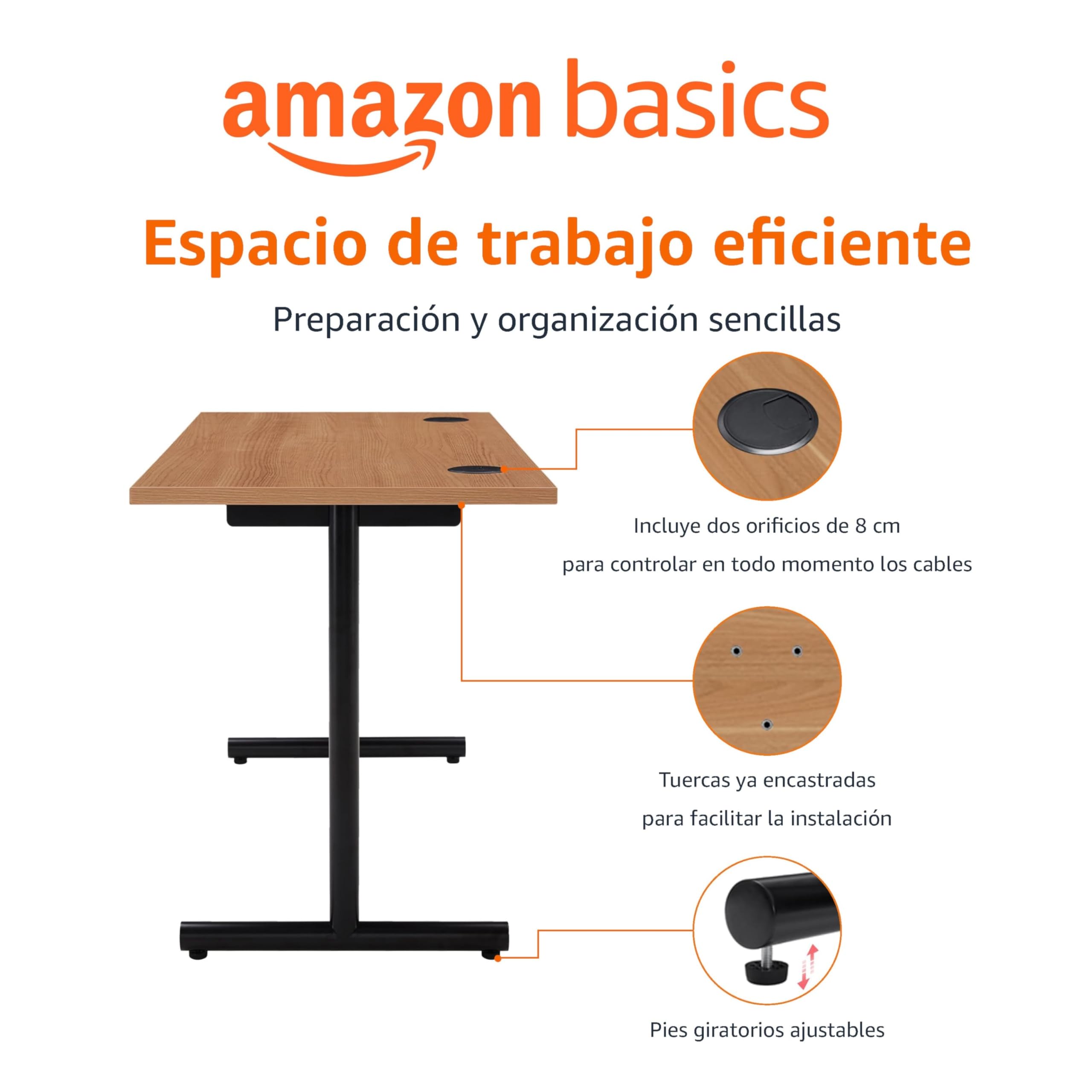 Amazon Basics Escritorio para Oficina en Casa, para Juegos, para Ordenador con Control de Cables, Tablero Grueso de 25mm, Moderno y Sencillo de Montar, Marco Negro, Roble, 120 x 60 x 73,6cm