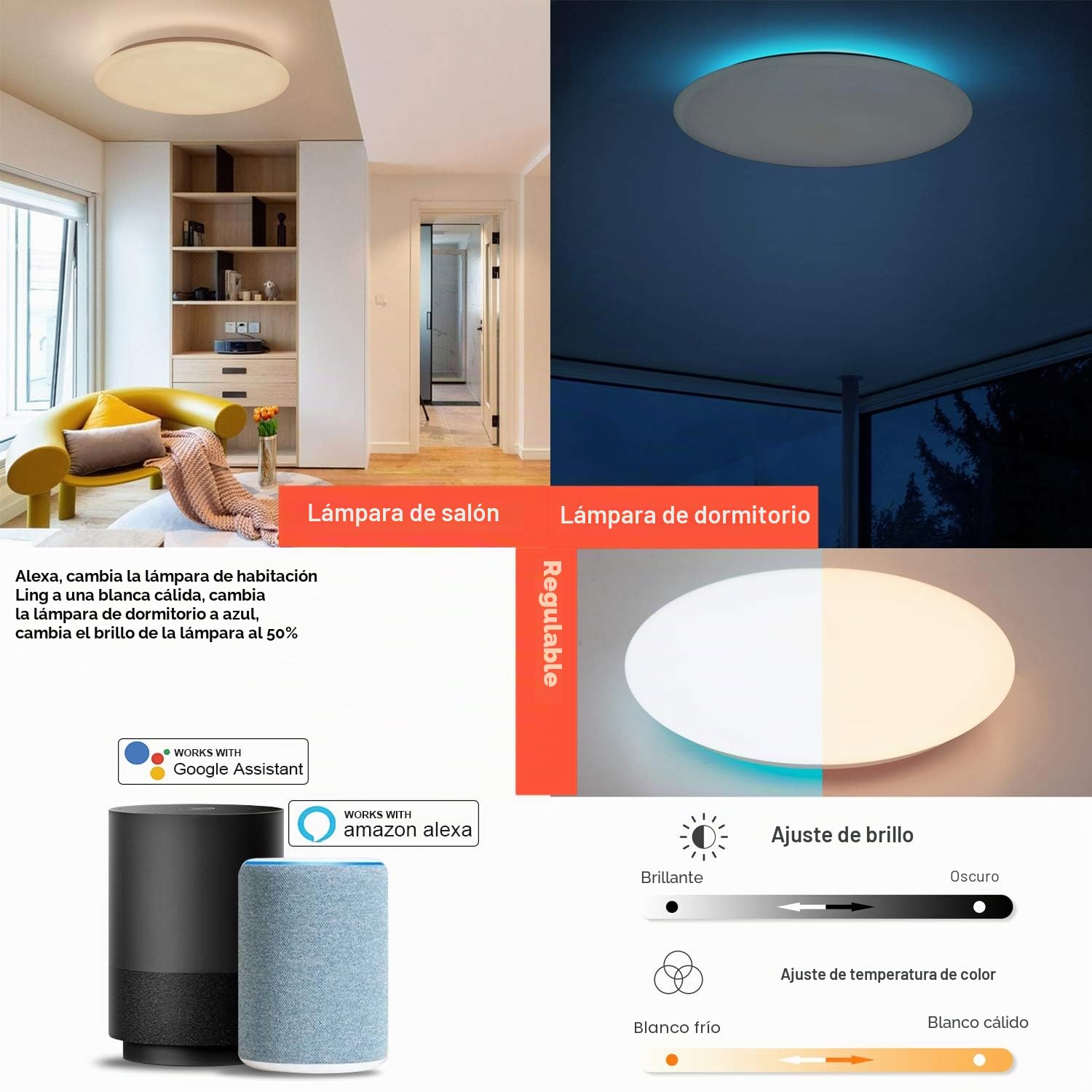 48W Φ50cm Plafón Led Lampara Techo Led Compatible Con WIFI Amazon Alexa Google Assinstant y Con Bluetooth Altavoz y Mando Luz Musica Regulable Cambia De Color Para Dormitorio Salon