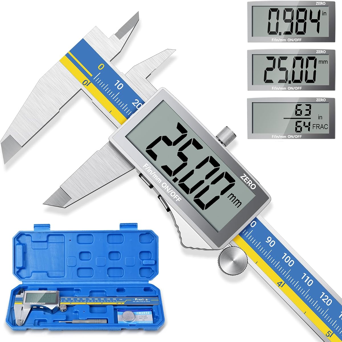 Calibrador digital, calibrador Vernier digital de acero inoxidable, calibradores micrométricos con pantalla LCD grande, función de apagado automático, conversión milimétrica en pulgadas, herramientas de calibrador de 6 pulgadas para bricolaje/hogar(azul)