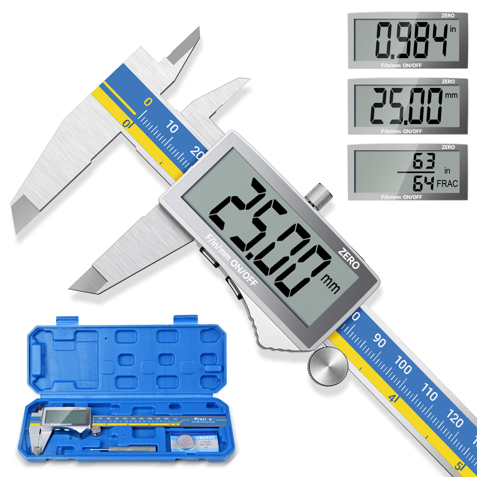 Preciva Digital Caliper, Stainless Steel Vernier Caliper Digital, Micrometer Calipers with Large LCD Screen, Auto-Off Feature, Inch Millimet