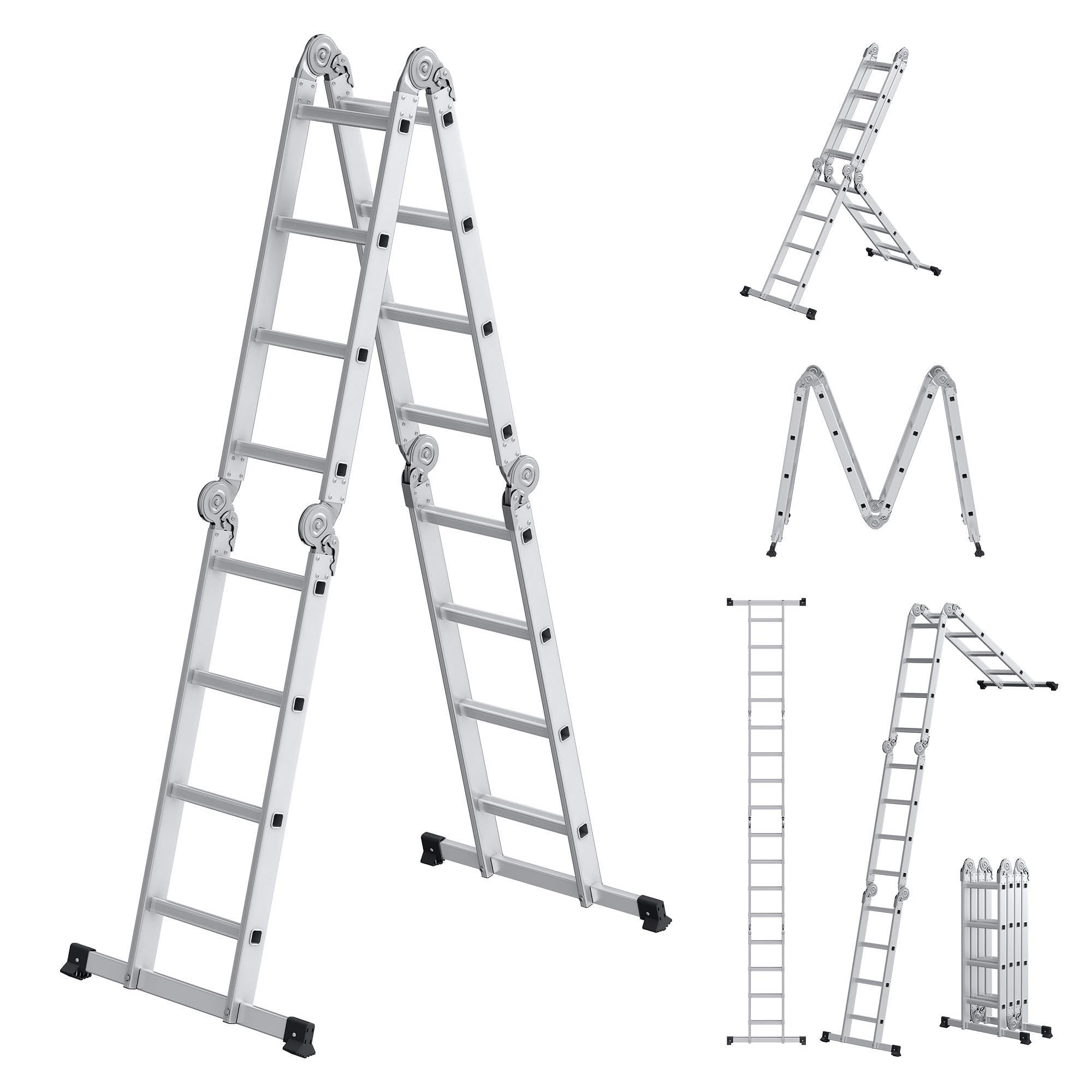 SONGMICS Escalera de Tijera, Escalera de Aluminio, Doméstica, 4 x 4 Peldaños, Carga de 150 kg, 16 Peldaños, Diseño 6 en 1, 430 cm de Largo, Plata GLT046E01