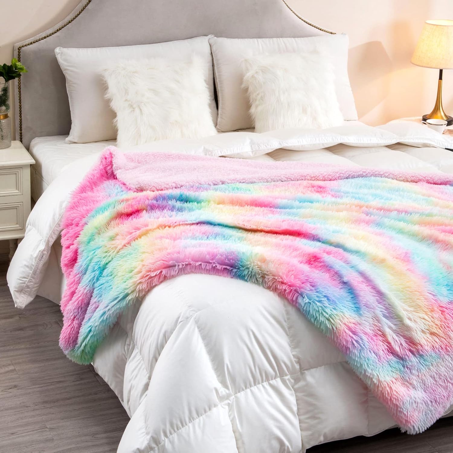 DANGTOP Fuzzy Faux Fur Throw Blanket, Tie Dye Fluffy Blanket, Super Soft Rainbow Blanket for Girls, Luxury Cozy Warm Plush Thick Sherpa Throws for Bed Couch Living Room (Rainbow, 59x79 inches) - Image 3