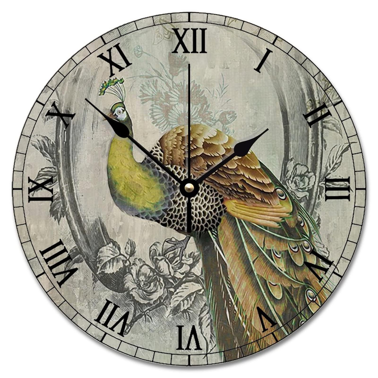 Horloge murale vintage paon aux finitions soignées et détails floraux rétro