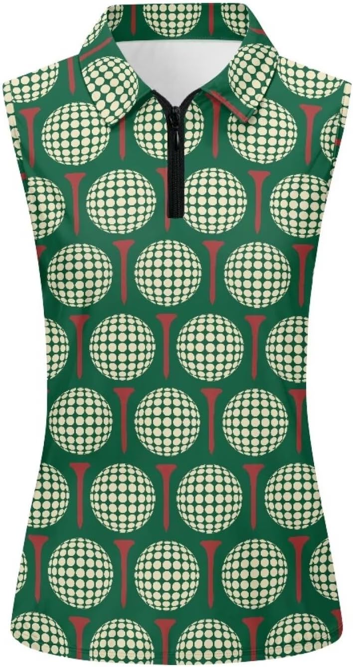 Irisjudy Hawaii Tropical Plant Women's Golf Shirt Golf Ball Print Sleeveless Tennis Polo Top Luck Cloud Half Zip Tank T-Shirt