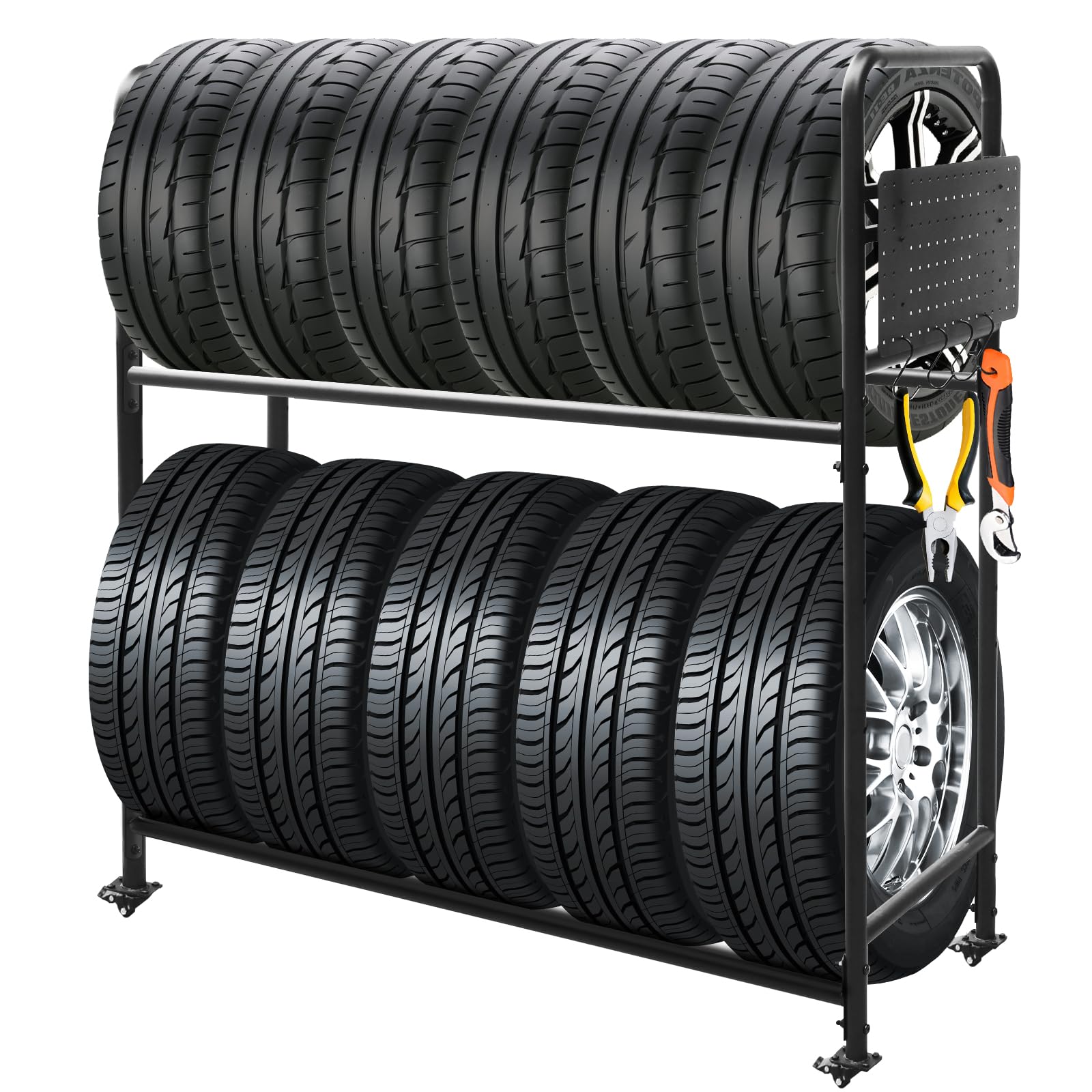 Photo 1 of ZUIWAN Rolling Tire Rack for Garage, Adjustable Metal Tire Rack with Foldable Heavy-Duty Hole Board, 4 Self-Locking Swivel Casters, 59” Height, 660 Pound Capacity
