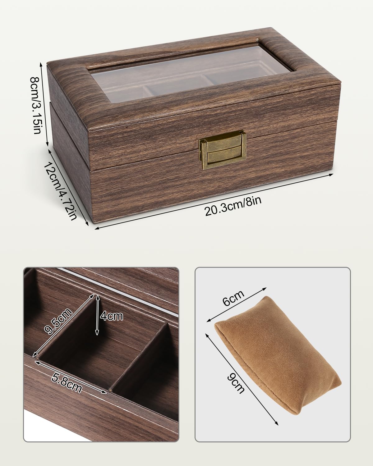 Uten Pudełko na zegarek z 3 przegródkami, etui na zegarek ze szklaną pokrywką, pudełko do przechowywania zegarków ze zdejmowanymi poduszkami do zegarków z imitacji zamszu, metalowe zapięcie, pomysł na