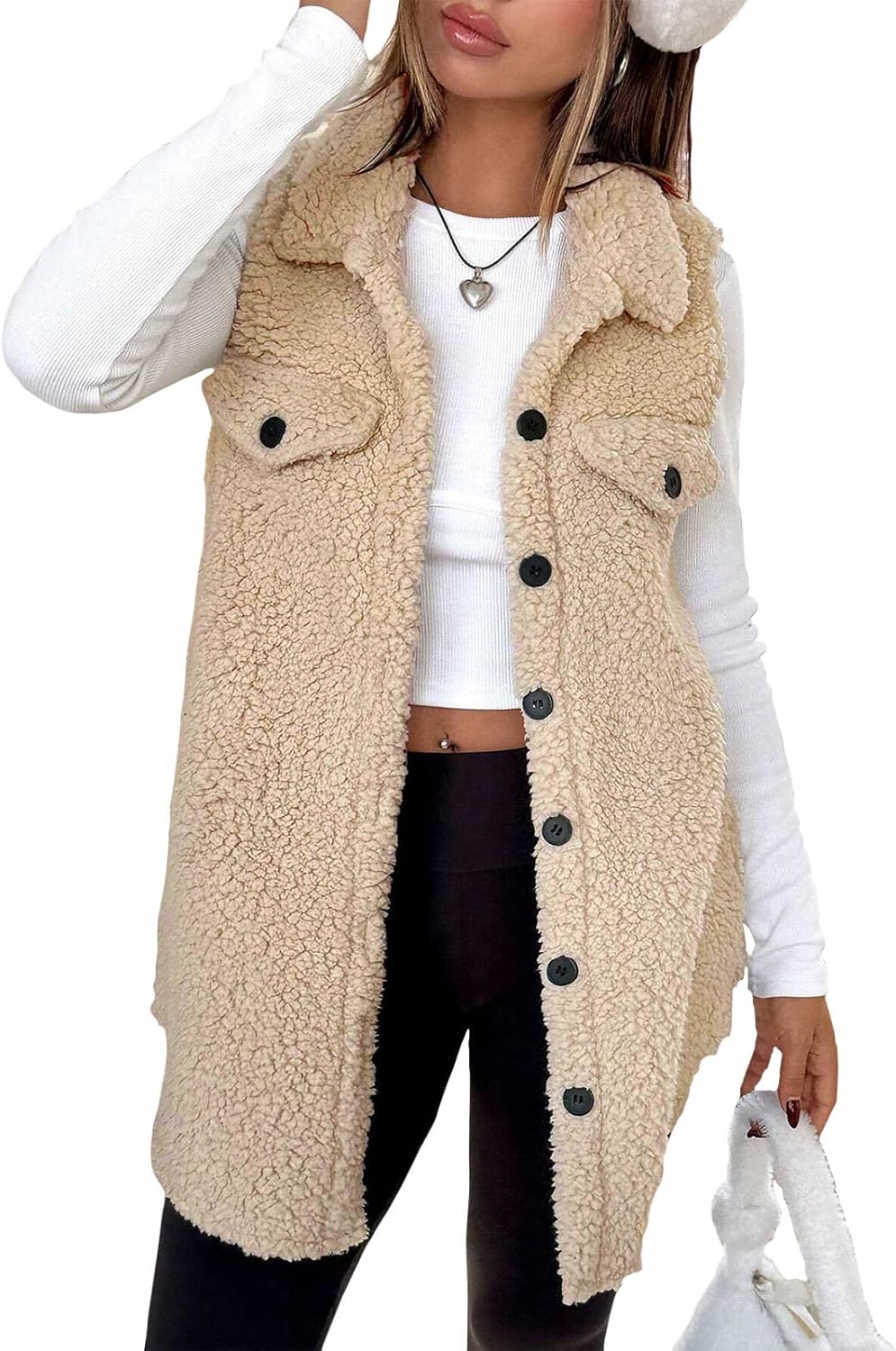 Sleeveless Lamb Wool Sherpa Jackets for Women Button Down Lapel Collar Polar Fleece Vest Outerwear with Pockets