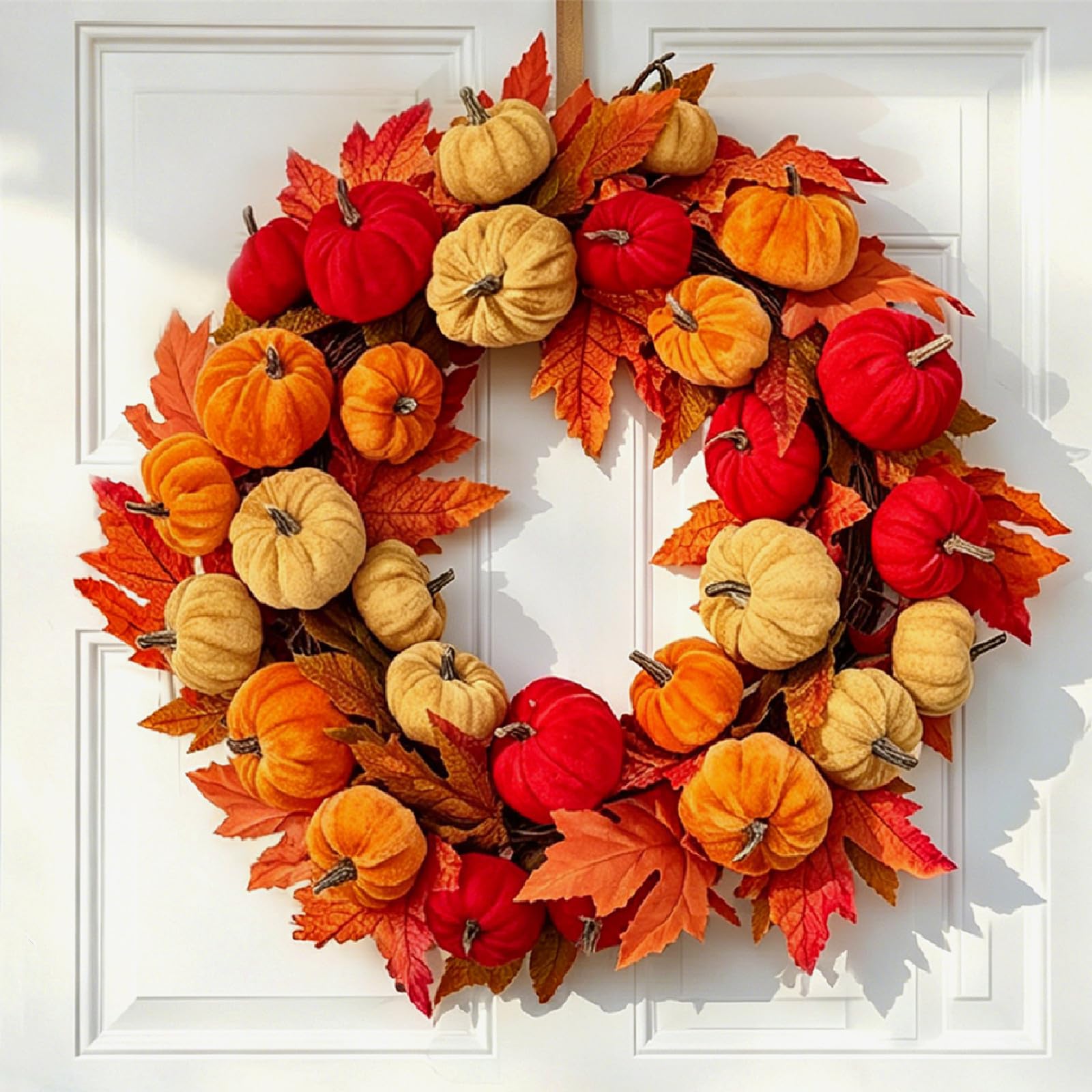 Autumn Wreath Front Door, 19.6inch/50cm Fluffy Artificial Harvest Festival Wreath with Pumpkins and Maple Leaves Halloween Thanksgiving Decorations (Style A)