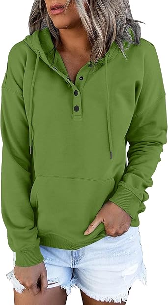 Hoodies for Women Button Down Sweatshirt Drawstring Long Sleeve Lightweight Pullover Fall Winter Clothes with Pockets