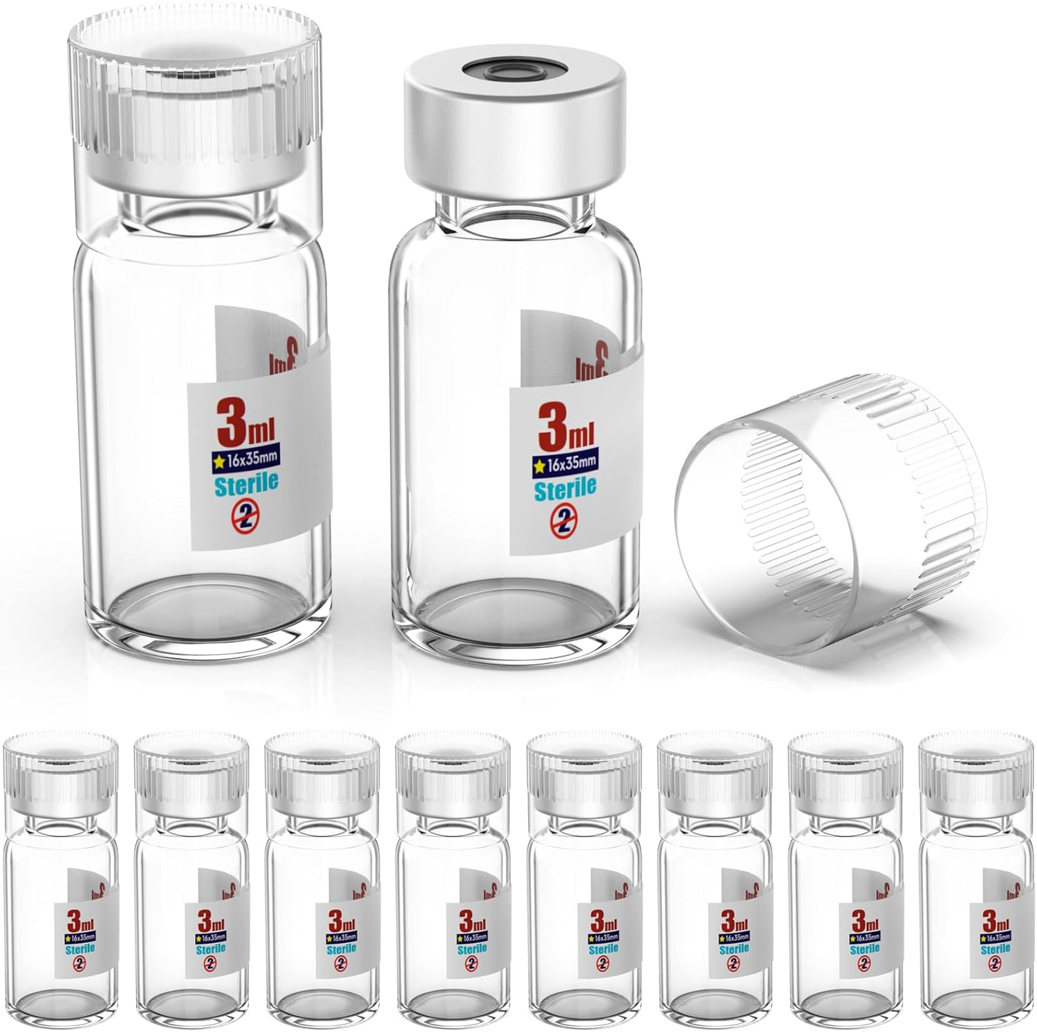 Biomed Solutions Sterile Empty Vial with Reusable Plastic Cap,Ready to Fill Glass Containers, Liquid Injection Bottle Sealed with Self Healing Injection Port 3ml Clear 10pcs