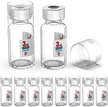 Biomed Solutions Sterile Empty Vial with Reusable Plastic Cap,Ready to Fill Glass Containers, Liquid Injection Bottle Sealed with Self Healing Injection Port 3ml Clear 10pcs