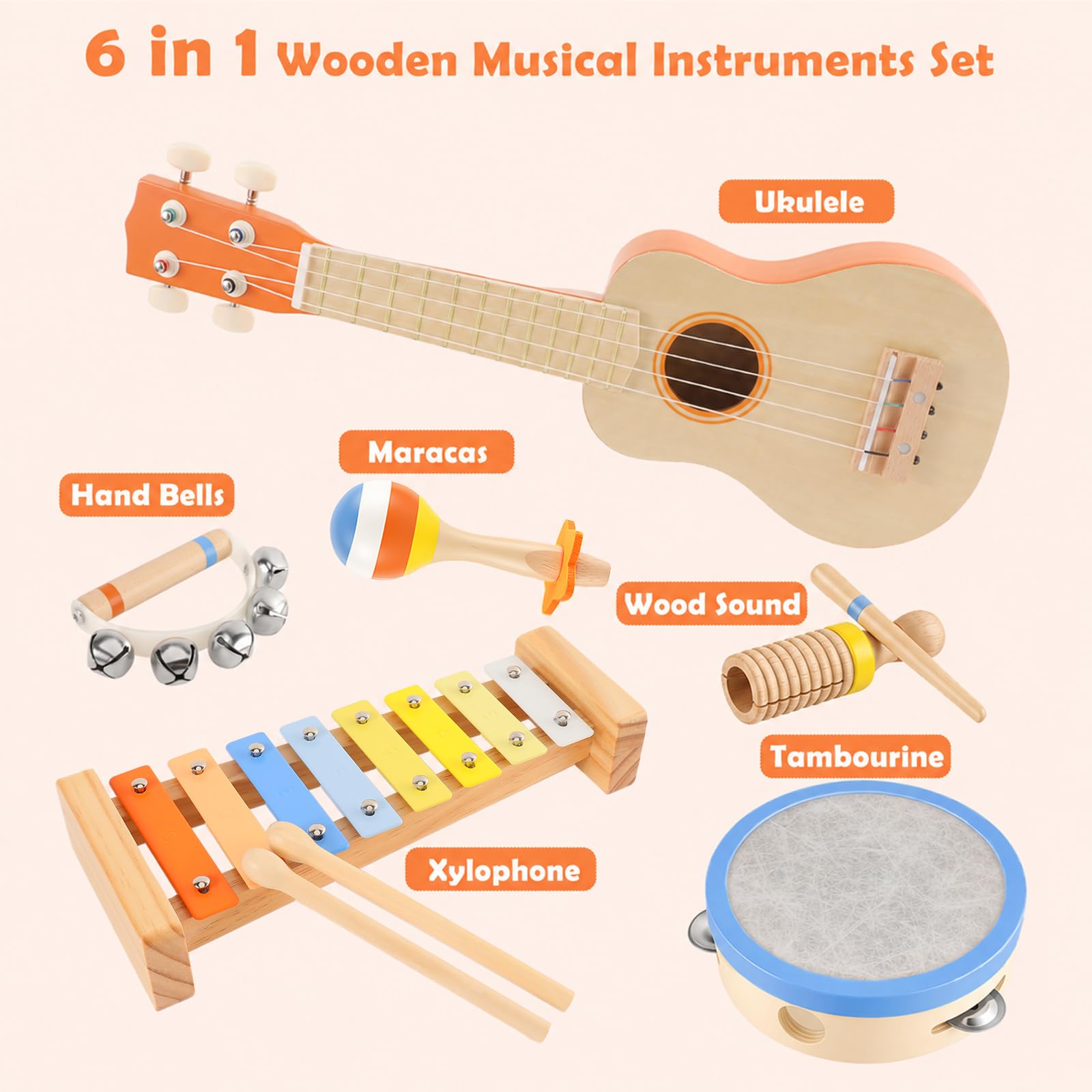 Montessori 6 en 1 Guitarra para niños de 2 a 3 años, instrumentos musicales de madera, ukelele, xilófono, pandereta y maracas, cumpleaños para niños a partir de 2 años