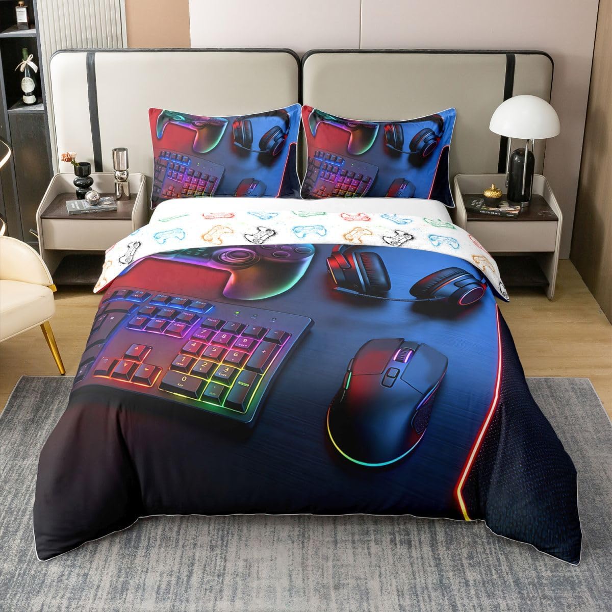 Castle Fairy Neon Gamer 3Pcs Bedding Set Full Size for Kids Gaming Controller Headset Mouse Girls Boys Adult Room Decor Video Game Themed 100% Cotton Duvet Cover,2 Pillowcases(No Filler) Black