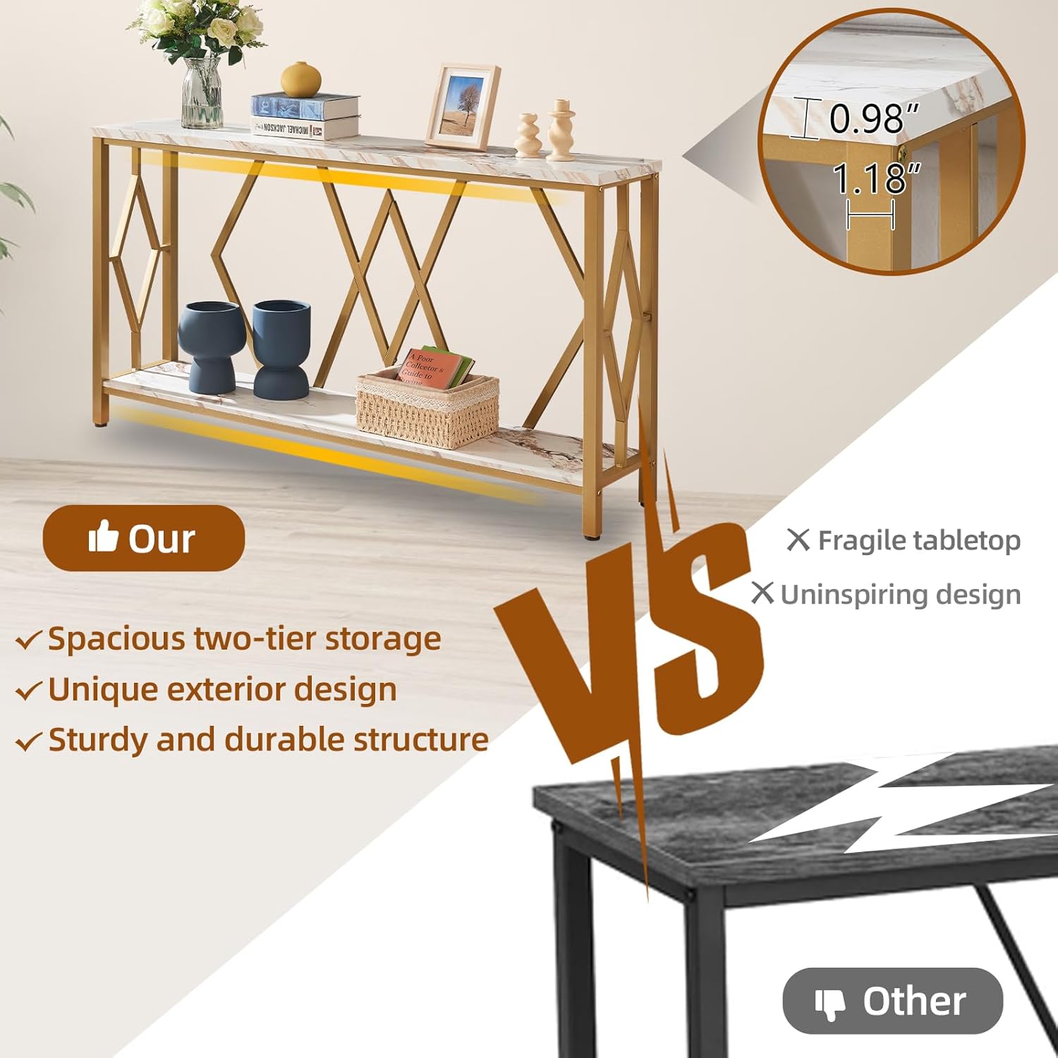 HOMISSUE Gold Entryway Console Table, Modern Sofa Table with Faux Marbled Tabletop, Engineered Wood Entryway Tables with 2 Tier Storage, Long Sofa Table for Living Room, Hallway (55 Inch, White&Gold)