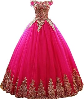 Women's Ball Gowns Gold Lace Appplique Dress