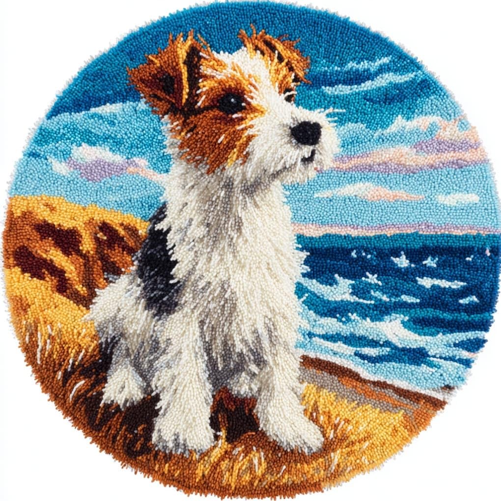 kitphoenix Round Shape Latch Hook Kits Rug Russell Terrier 50X50Cm DIY Cushion Rug Carpet Making Crochet Hook Kits Pre Printed Pattern Canvas Cushion Acrylic Yarn Hooking Kits Mat Kits