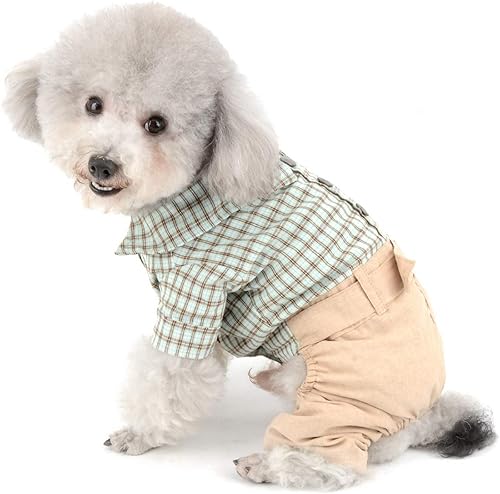 Miniatura 2 de SMALLLEE_LUCKY_STORE Camisas de algodón a cuadros británicos con botones para perros pequeños, niños con cinturón, pantalones casuales para