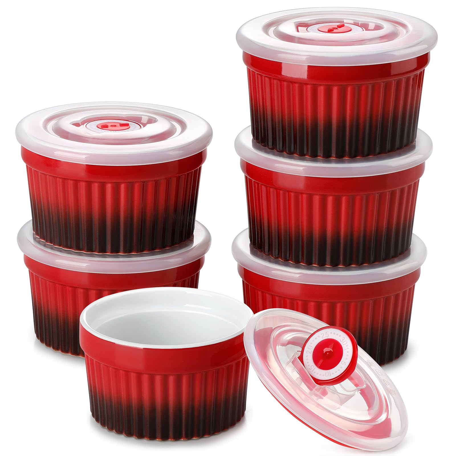 vancasso 8 oz Ramekins with Lids, Souffle Dishes Set of 6, 10.1cm Porcelain Creme Brulee Ramekins, Baking Cups for Pudding, Fruits, Dips, Dishwasher and Oven Safe, Red