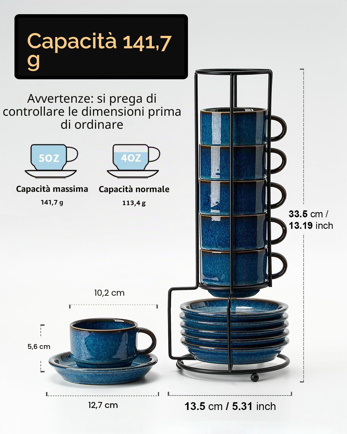 HOME DECOR Set di tazze da caffè – processo di smalto reattivo – 6 tazze da caffè da 140 ml con piattino e supporto – eleganti tazze in ceramica per espresso, cappuccino e latte – blu glassa reattiva