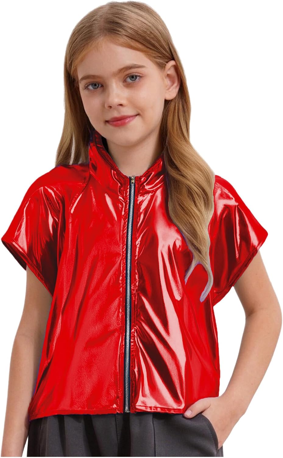 FEESHOW Girls Metallic Hooded Vest Sleeveless Leather Disco Jackets Shiny Zip Up Jazz Hip Hop Dance Performance Shirts