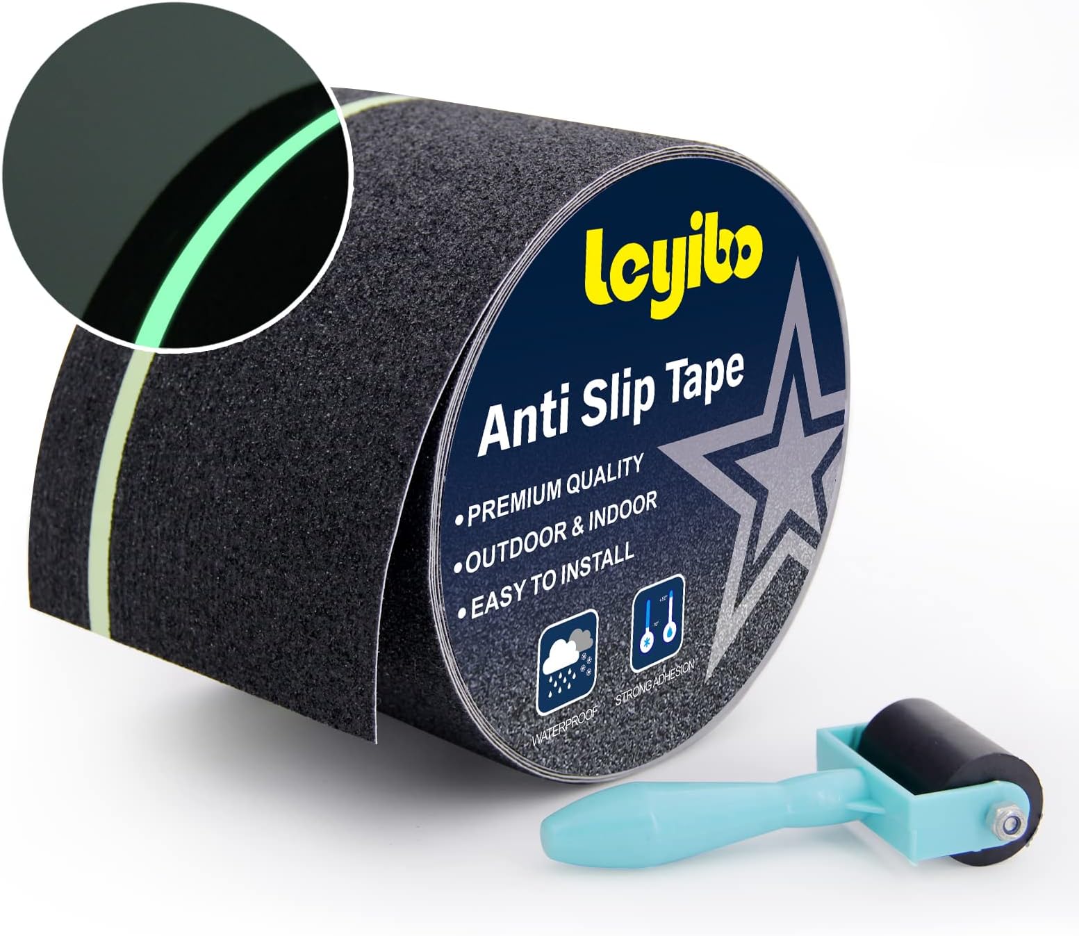 Anti Slip Tape with Glow in Dark Stripe for Stairs, 4"x35ft, Grip Tape for Stairs Steps with Roller for Outdoor/Indoor, Water