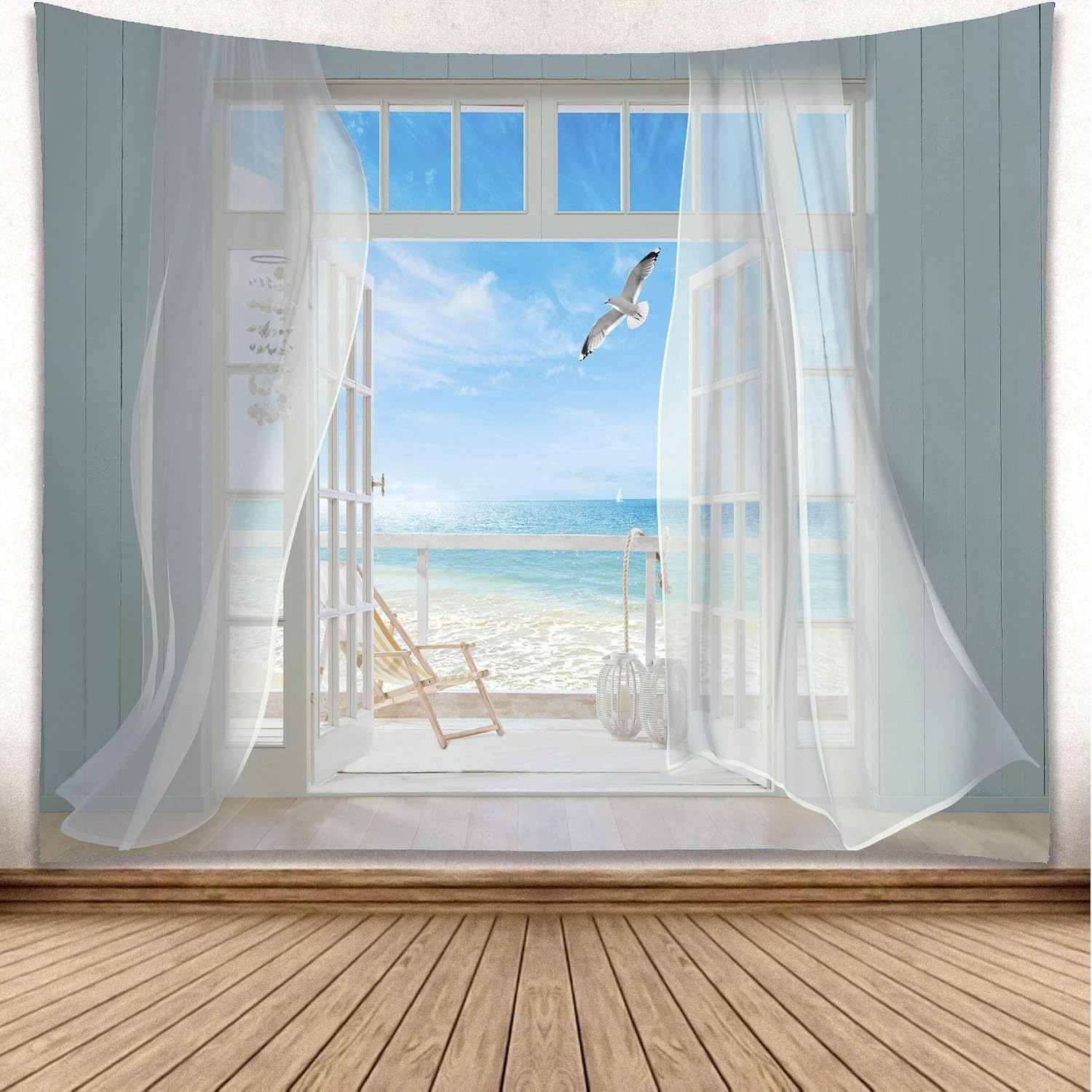 Tenture Murale 130x150 Cm - Fenêtre Vue Sur Mer Avec Mouettes - Impression 3D, Tissu Polyester - Déco Salon/chambre - 2
