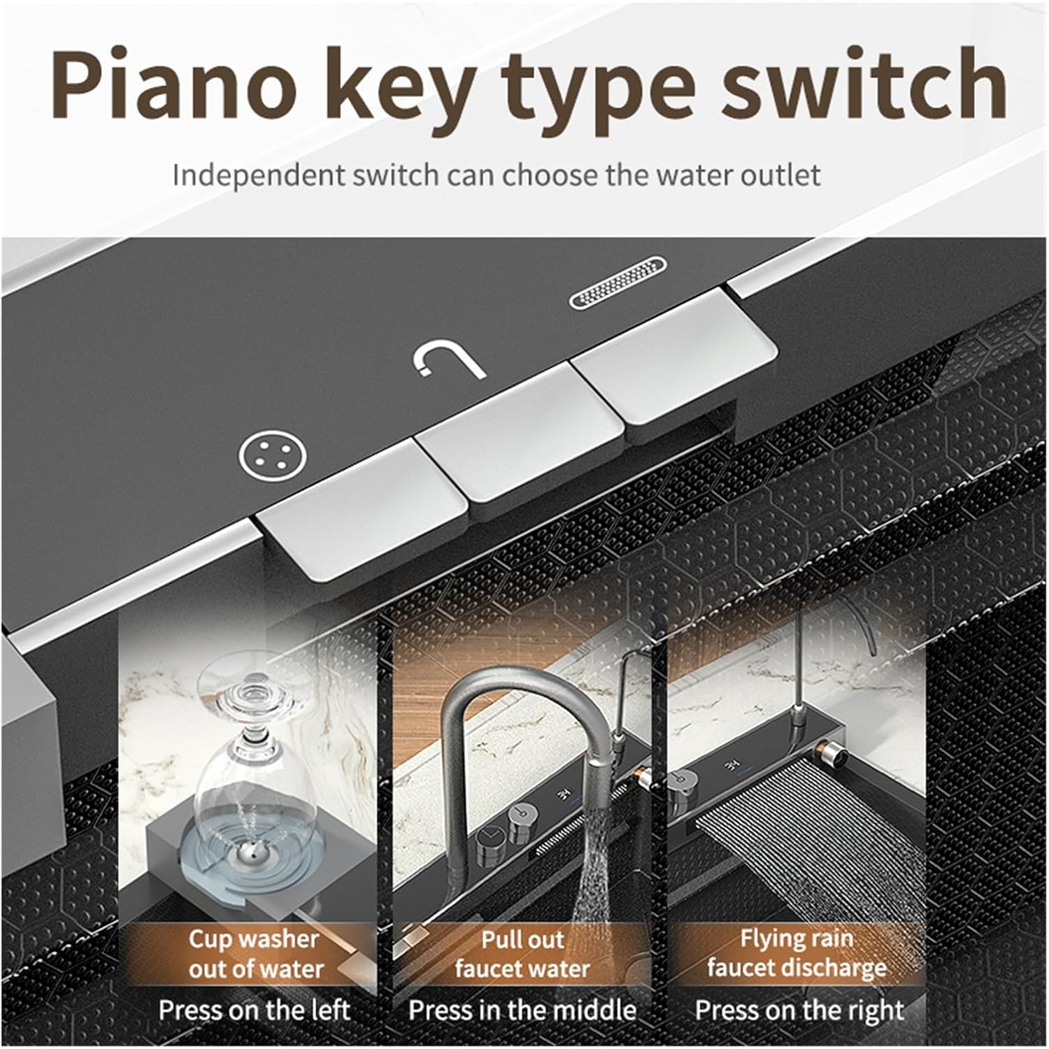 Kitchen Sink with Waterfall Faucet 304 Stainless Steel Large Single Slot Bionic Honeycomb Black Wash Basin Topmount Apron Front