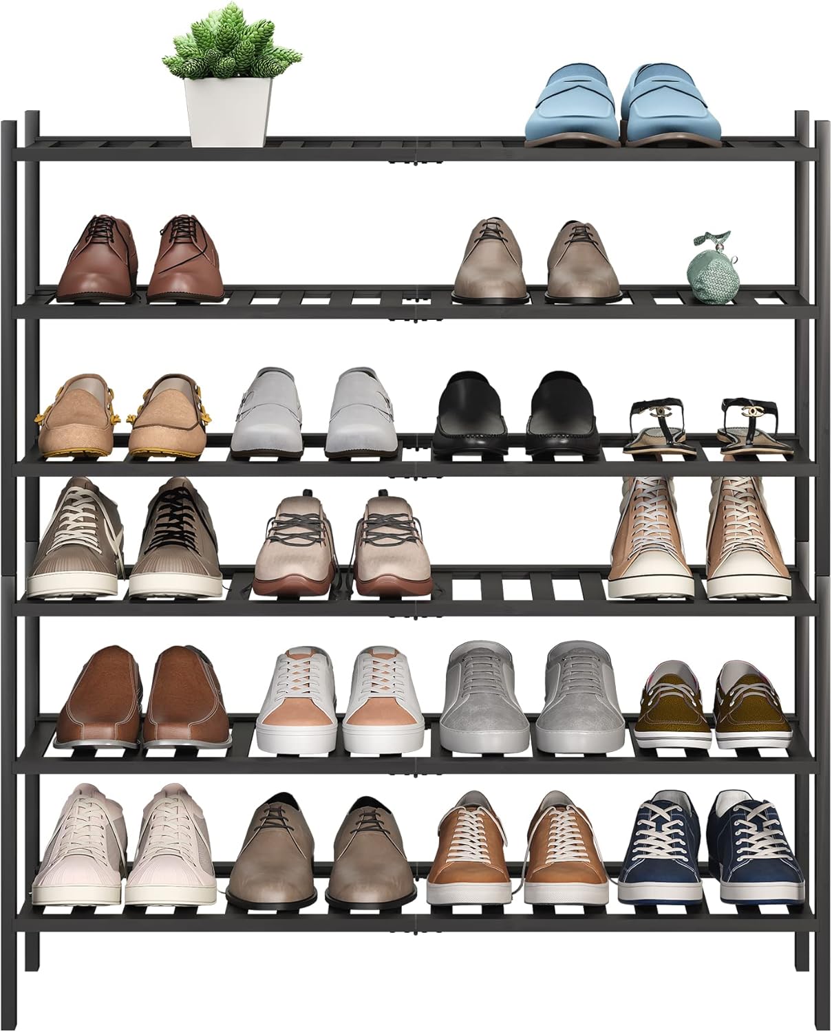 BMOSU 6-Tier Bamboo Extended Shoe Rack Premium Stackable Shoe Shelf Storage Organizer for Hallway Closet Living Room Entryway Organizer (Black Bamboo)