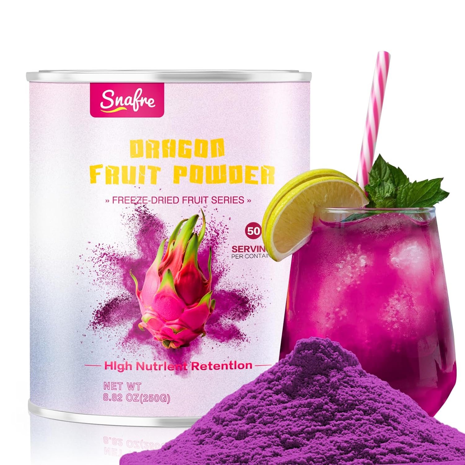 Dragon Fruit Powder, 8.82OZ/250G Natura Purple Pitaya Powder, Fruit Powde-r for Drink, Baking, Smoothies, Cocktai, No Sugar & No Additives