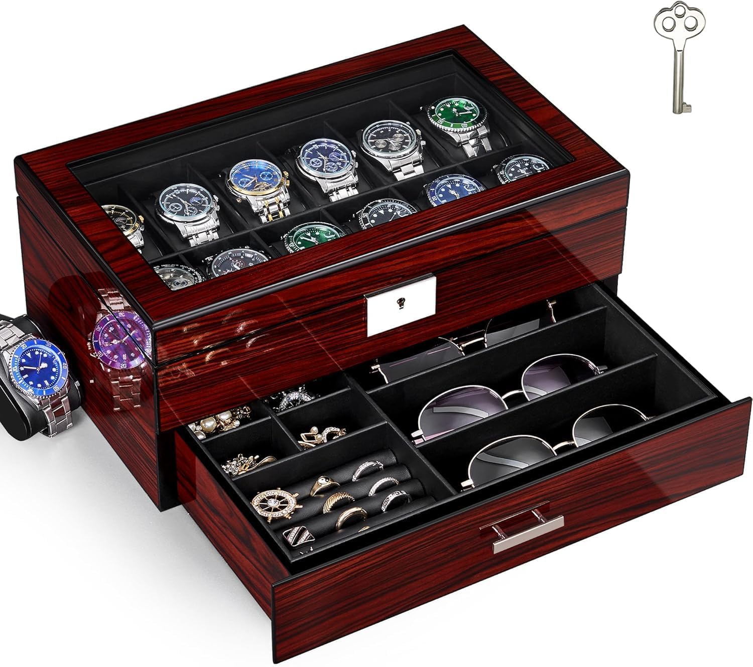 ANWBROAD Caja de reloj de 12 ranuras para hombre con tapa de cristal grande, 2 niveles, organizador de relojes con cerradura, organizador de relojes de lujo para regalo JWB003Y