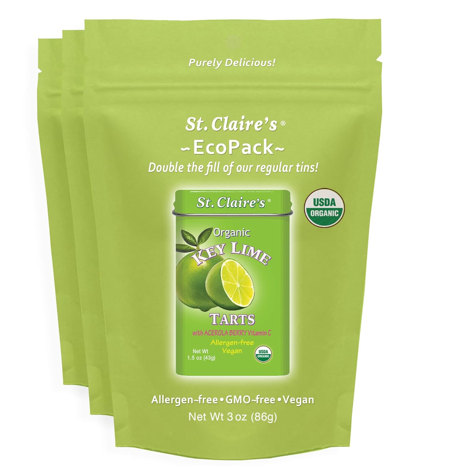 St. Claire’s Organic Key Lime Tart Candies – 3-Pack EcoPack, 3 oz Each | Certified Organic, Vegan, Gluten-Free, Allergen-Free, Non-GMO, Low Calorie, Plant-Based | Made in USA