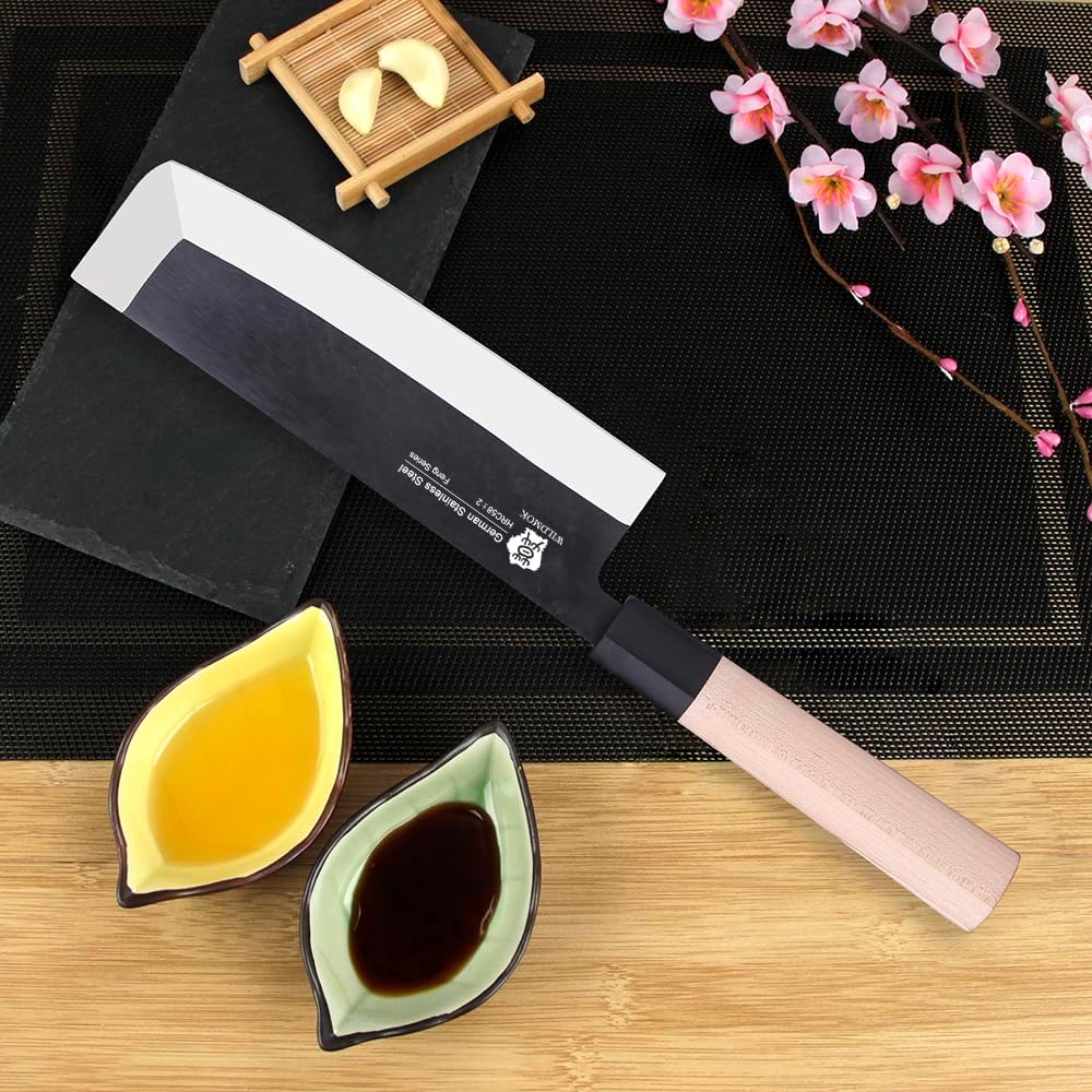 WILDMOK 7 Inch Asian Usuba Vegetable Knife German Stainless Steel Blade & Traditional Wooden Handle