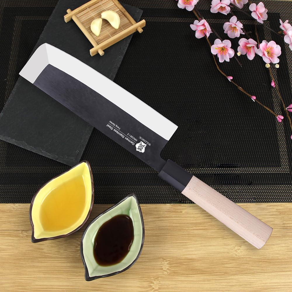 WILDMOK Nakiri - Cuchillo para verduras (19,4 cm, hoja alemana de acero inoxidable, mango de madera tradicional)