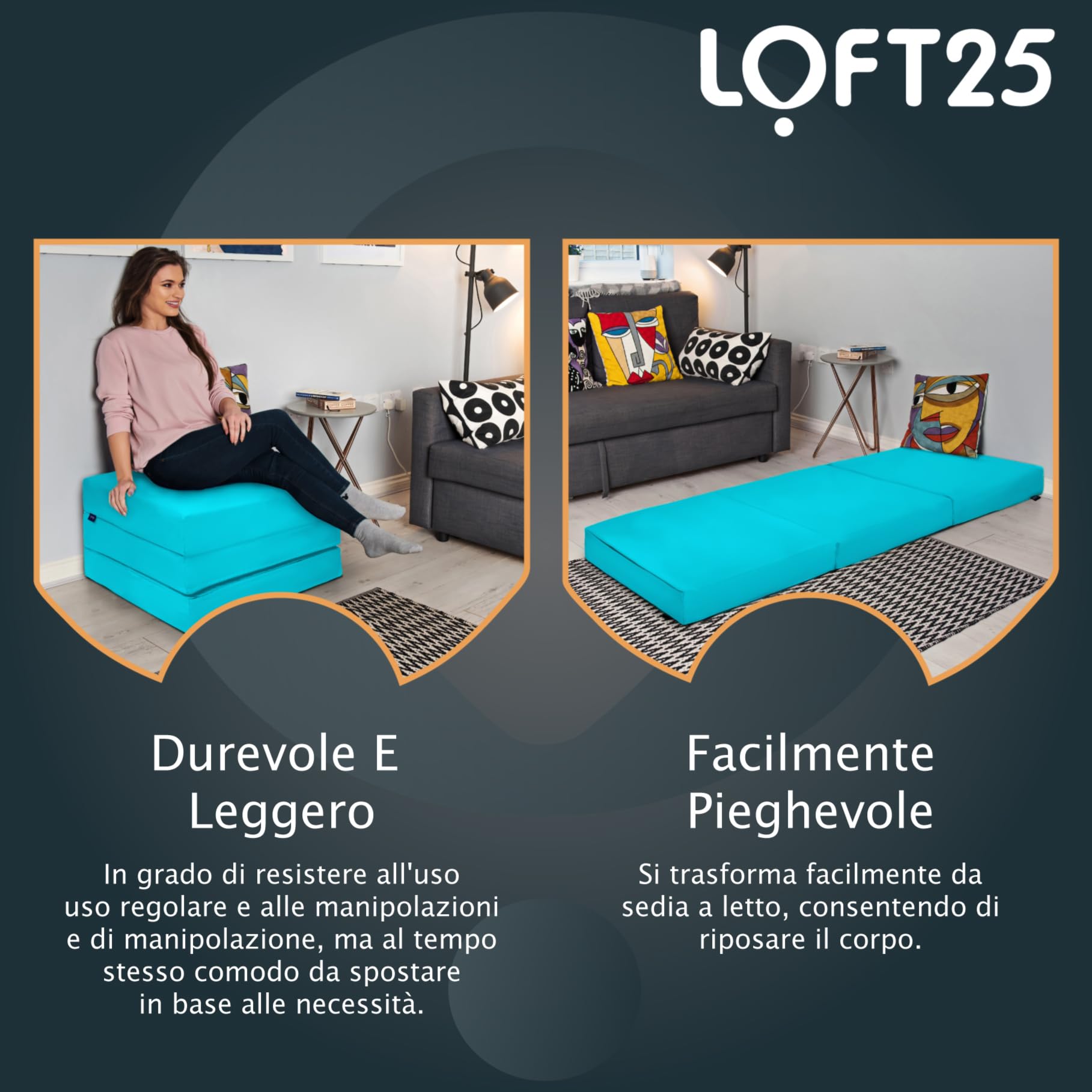 Loft 25 Materasso a Z Singolo | Letto a Z Resistente all'acqua | Dormire per gli Ospiti in Soggiorno | Leggera Divano Sedia Futon per Esterni | Comoda e Durevole (Turchese)