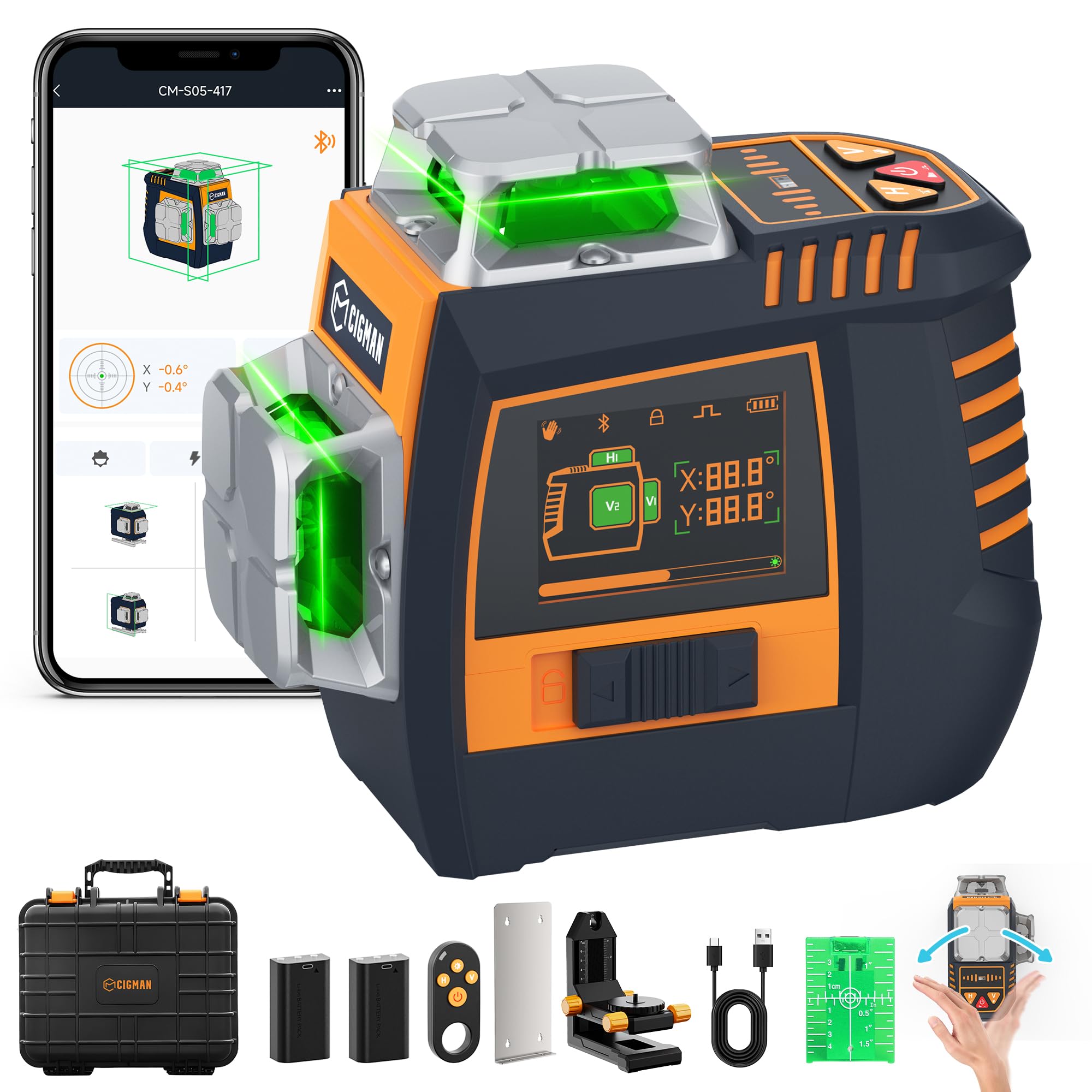 CIGMAN Gesture-Control Laser Level with Side Screen Display, 3×360° Green Self-Levelling Lines, Hand-Gesture Line & Brightness Control, Strobe Mode, 2 Li-ion Batteries, Bluetooth App Remote