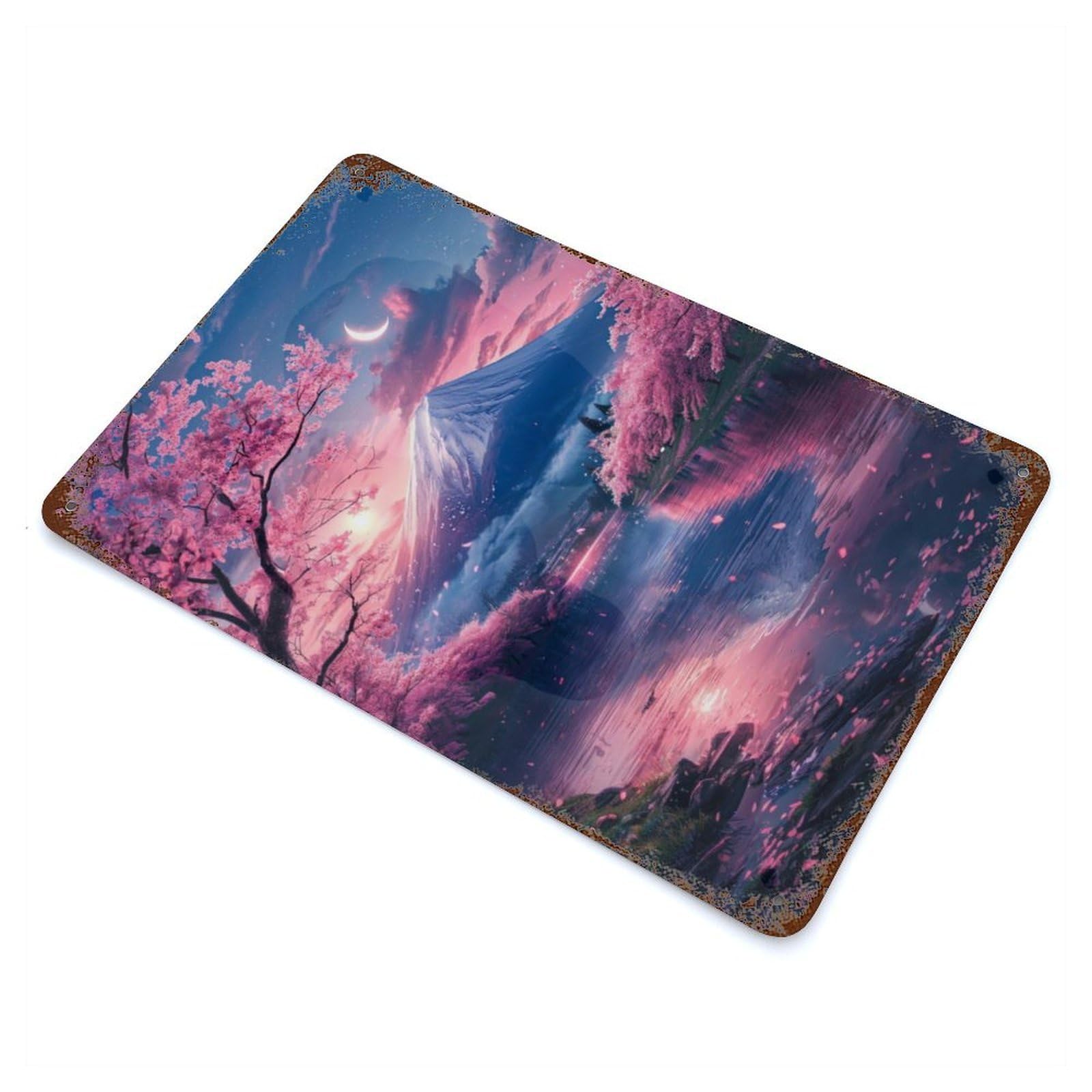 Japan Sakura in Mount Fuji Rustic Tin Plaque 11.8"x7.9", Farmhouse Wall Decor for Shed, Workshop And Garage Wall Decor