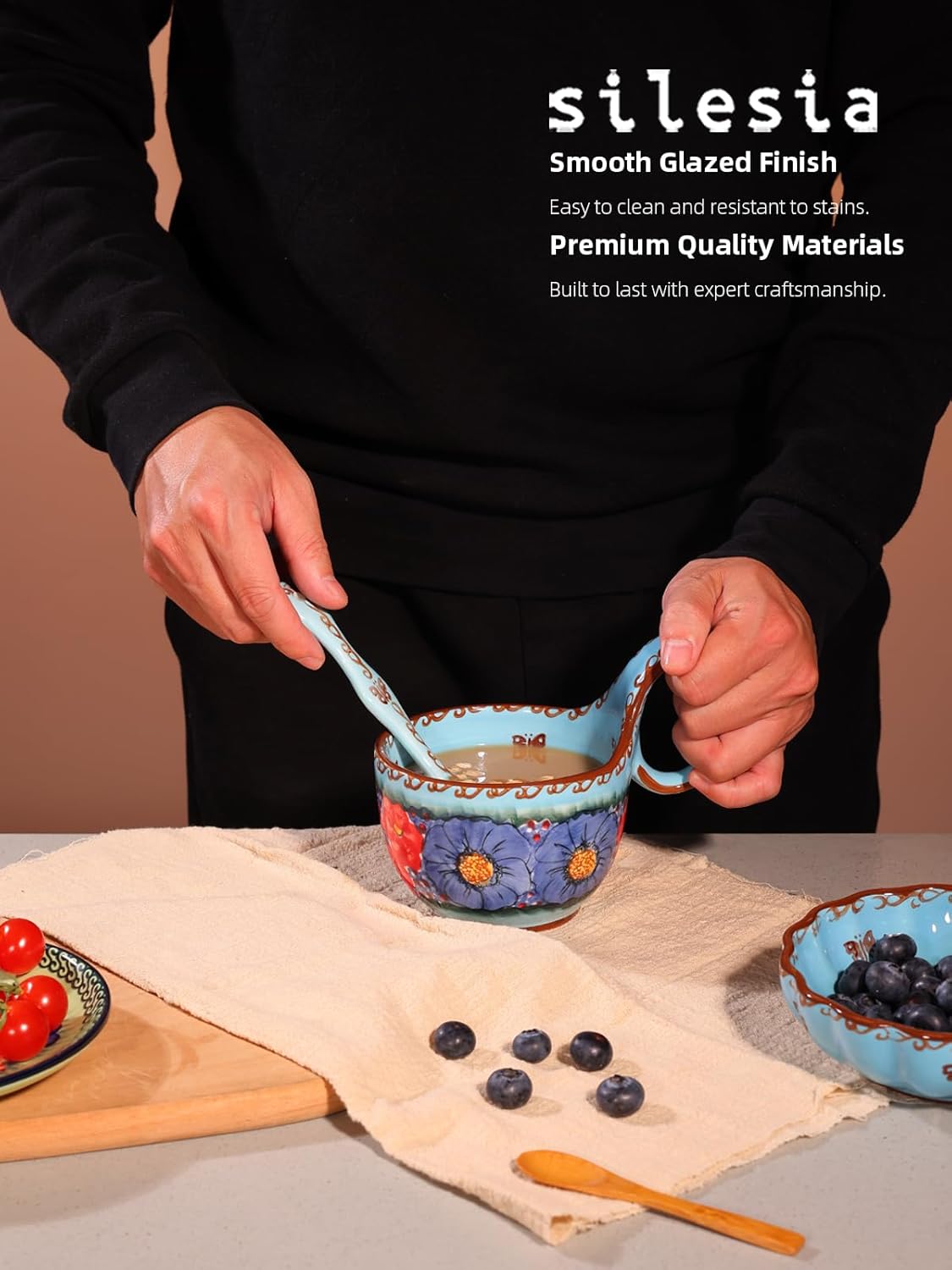 silesia Handmade Loop Handle Soup Bowl, Plate and Spoon Set Ceramic Hand Painted Cereal Bowl Great for Soup, Ice cream, Snack, Stew in Gift Box, Dishwasher & Microwave Safe, Glazed Blue