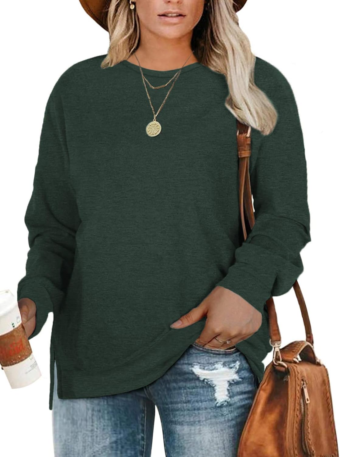 DOLNINE Plus-Size Sweatshirts for Women Casual Tops Side Slit Pullovers Shirts